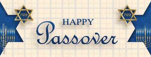 Happy Passover card, the Pessah holiday with nice and creative Jewish symbols and gold paper cut style on color background photo