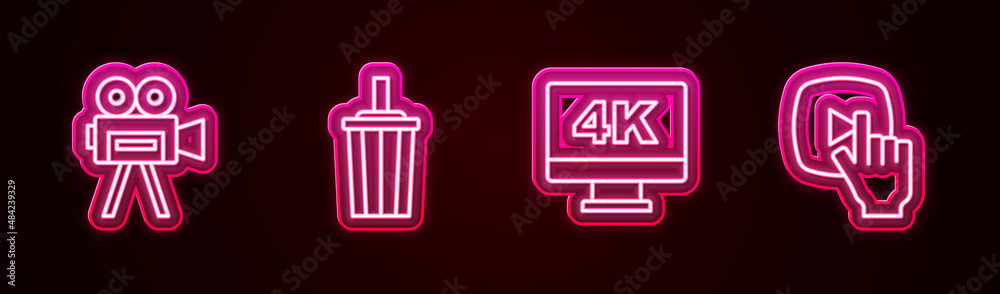 Set line Retro cinema camera, Paper glass with water, Screen tv 4k and Online play video. Glowing neon icon. Vector Set line Retro cinema camera, Paper glass with water, Screen tv 4k and Online play video. Glowing neon icon. Vector