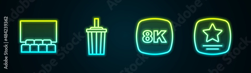 Set line Cinema auditorium with screen, Paper glass water, 8k Ultra HD and Walk of fame star. Glowing neon icon. Vector