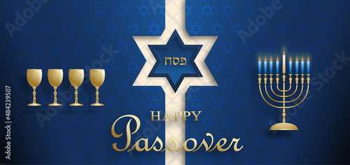 Happy Passover card, the Pessah holiday with nice and creative Jewish symbols and gold paper cut style on color background