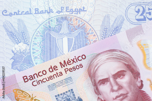 A macro image of a pink, plastic fifty peso bank note from Mexico paired up with a blue twenty five piastre bank note from Egypt.  Shot close up in macro.