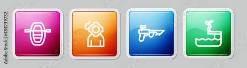 Set line Boat with oars, Aqualung, Fishing harpoon and Swimmer diving into pool. Colorful square button. Vector
