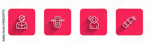 Set line Wetsuit for scuba diving, Boat with oars, Aqualung and with long shadow. Red square button. Vector