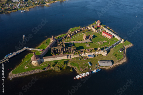 Russia. Leningrad region. September 10, 2021. View of the Oreshek fortress near the city of Shlisselburg from a bird's-eye view.