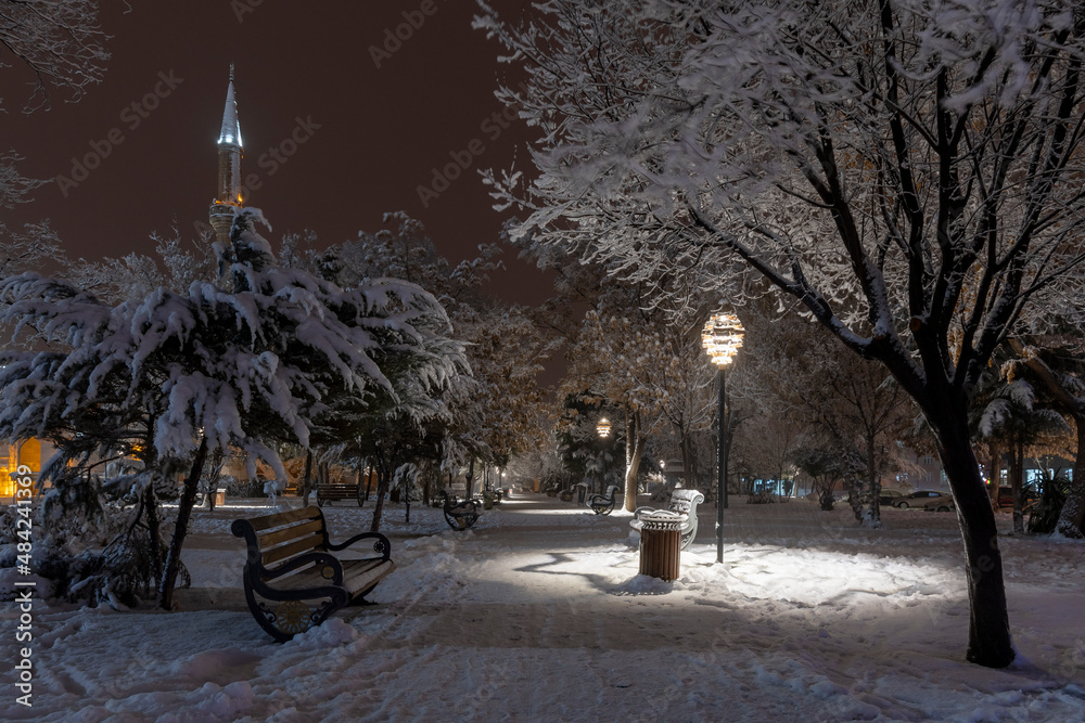 Ulu Mosque night view in Aksaray of Turkey