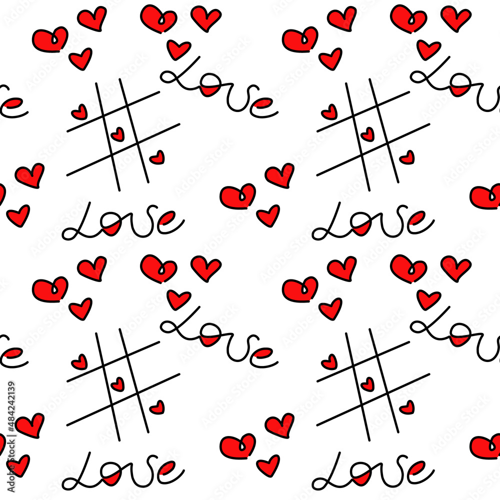 Seamless abstract pattern with red hearts, black tic tac toe, Love