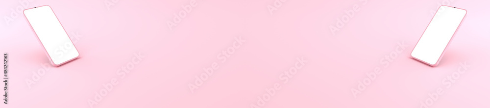 3D rendering of mockups pink Smartphone white screen on pink floor, pink Mobile phone lay down on the ground. Smartphone white screen can be used for commercial advertising,Isolated on pink background