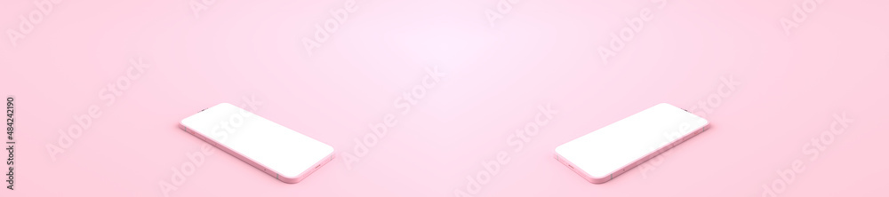 3D rendering of mockups pink Smartphone white screen on pink floor, pink Mobile phone lay down on the ground. Smartphone white screen can be used for commercial advertising,Isolated on pink background