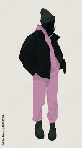 Vector flat image of a girl in a sports pink suit with a hood. As well as a jacket, hat and boots. Dark-haired girl. Design for avatars, posters, backgrounds, templates, textiles.