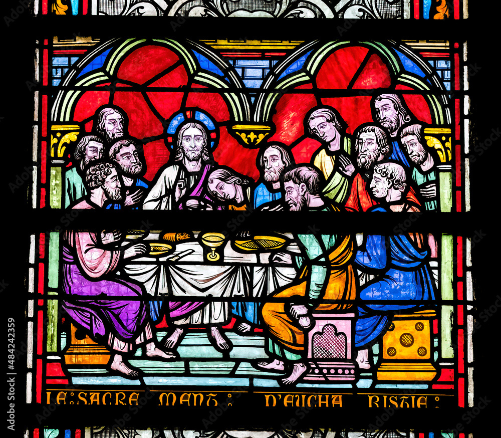 Last Supper Stained Glass Notre Dame St Marie Normandy France