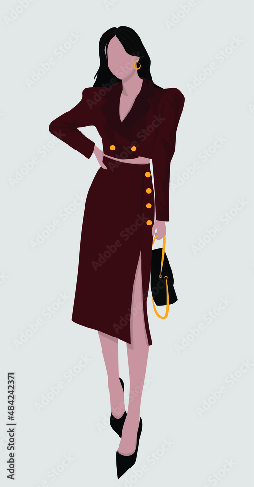 Nice attractive business lady in a burgundy suit with a bag and shoes. Girl with dark long hair. Design for postcards, posters, backgrounds, templates, avatars, banners. Nice attractive business lady in a burgundy suit with a bag and shoes. Girl with dark long hair. Design for postcards, posters, backgrounds, templates, avatars, banners.