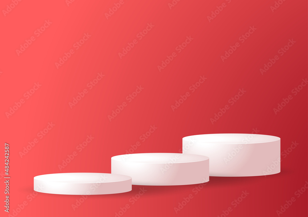White 3d podium mockup on red background. Empty stage or pedestal mockup isolated on red background. Podium or platform for award ceremony and product presentation. White 3d podium mockup on red background. Empty stage or pedestal mockup isolated on red background. Podium or platform for award ceremony and product presentation.