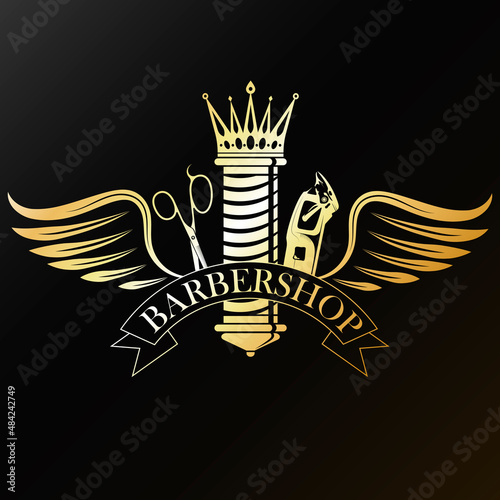 Golden symbol of barbershop and barbershop. Scissors and clipper