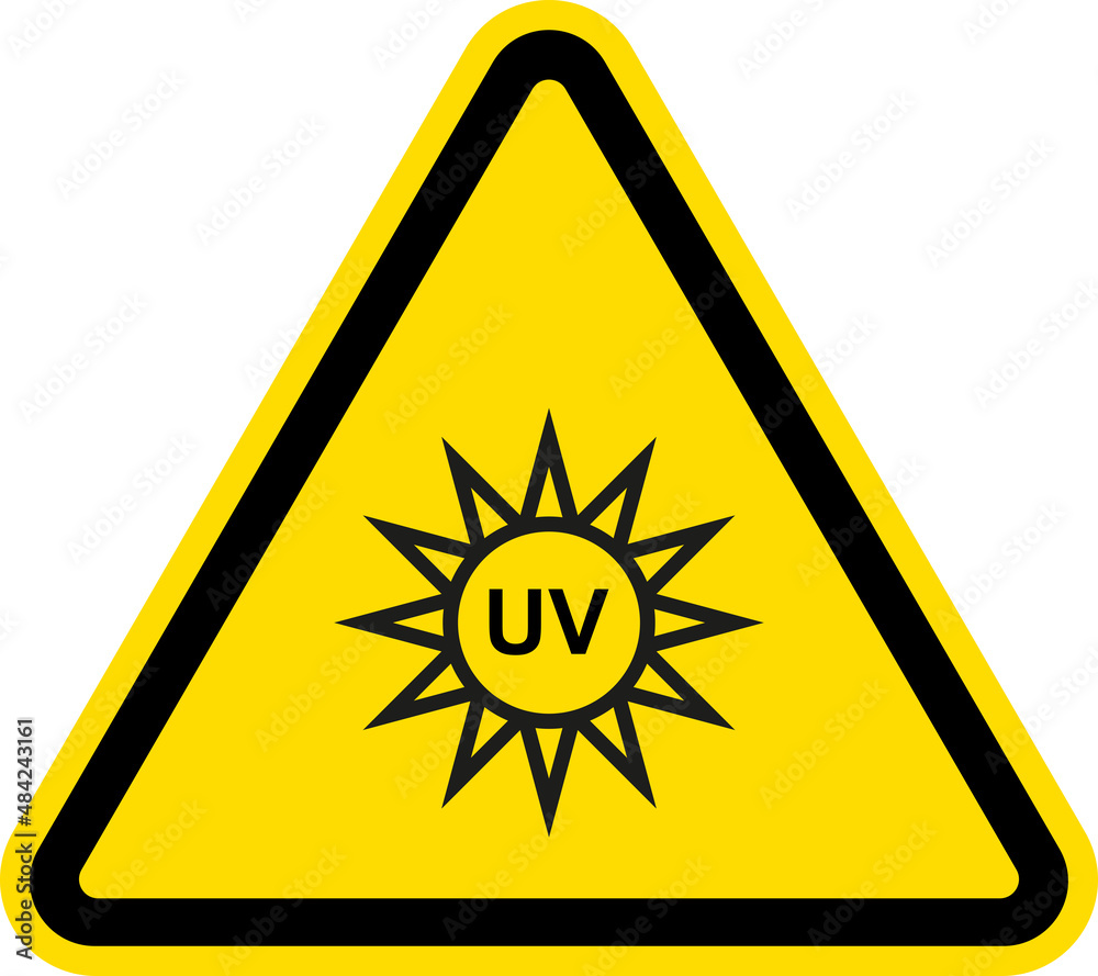 UV Light Hazard warning sign. Triangle yellow background. Safety signs