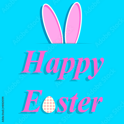 Rabbit ears sticking out from behind a leaf. Happy Easter lettering. Simple composition. Bright blue and pink. Postcard, post. Light and shadow.