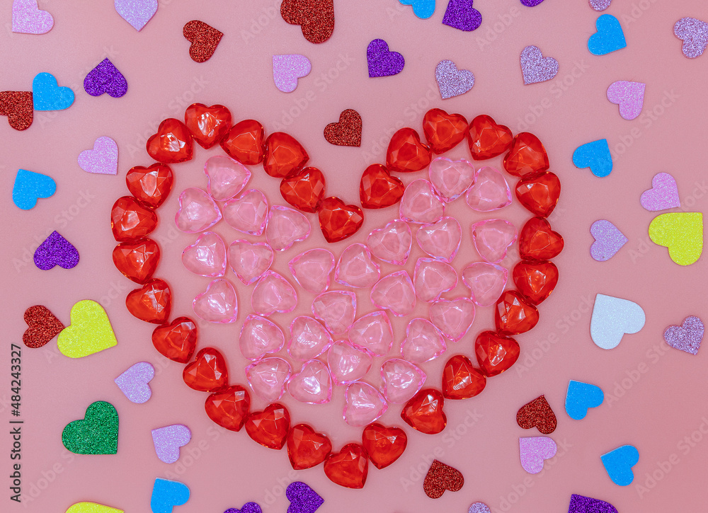 Pink and red shiny little hearts. Valentine's Day Background. Love concept.