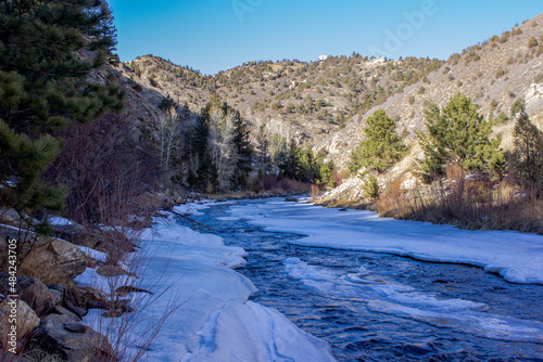 Icy River in the Mountains, Winter River, Frozen River in the Mountains, River in Colorado, Water running through the mountains, frozen scenery