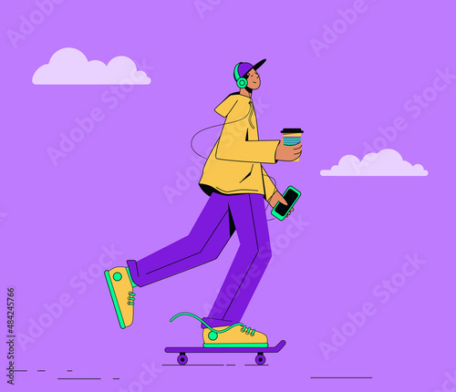 Guy on the skateboard listens to music and drinks coffee. serenity, life on the go, multitasking