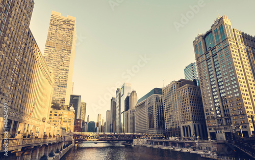 Downtown Chicago at sunset  retro color toning applied  USA.