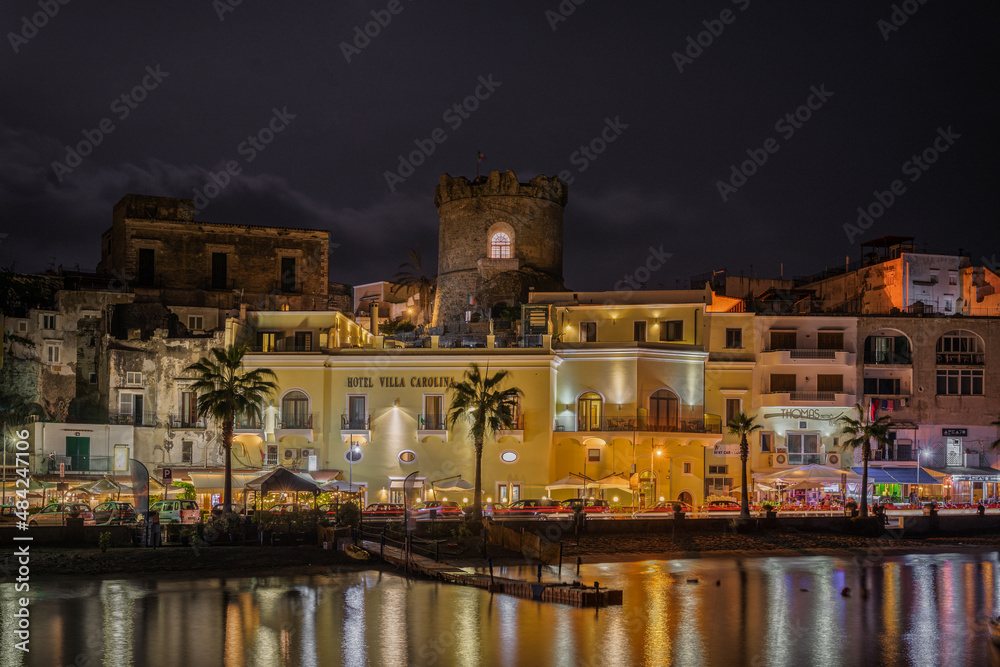 Night view of Forio marina in Ischia, a pretty fishing village full of bars and restaurants, Italy