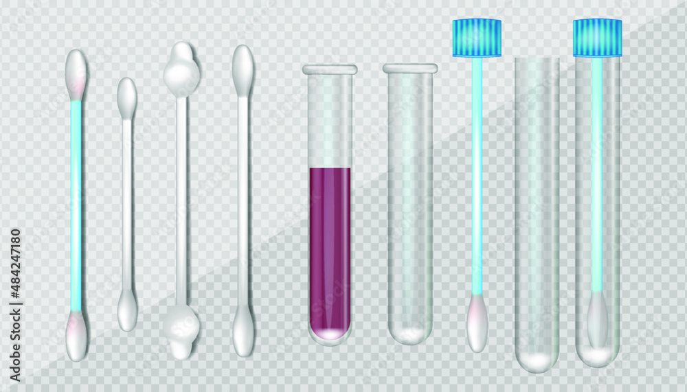 Realistic vector illustration of the Test tube, medical sample in closed glass container and swabs bud on plastic stick or cotton swabs buds Realistic vector illustration of the Test tube, medical sample in closed glass container and swabs bud on plastic stick or cotton swabs buds