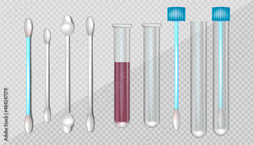 Realistic illustration of the Test tube, medical sample in closed glass container and swabs bud on plastic stick or cotton swabs buds photo