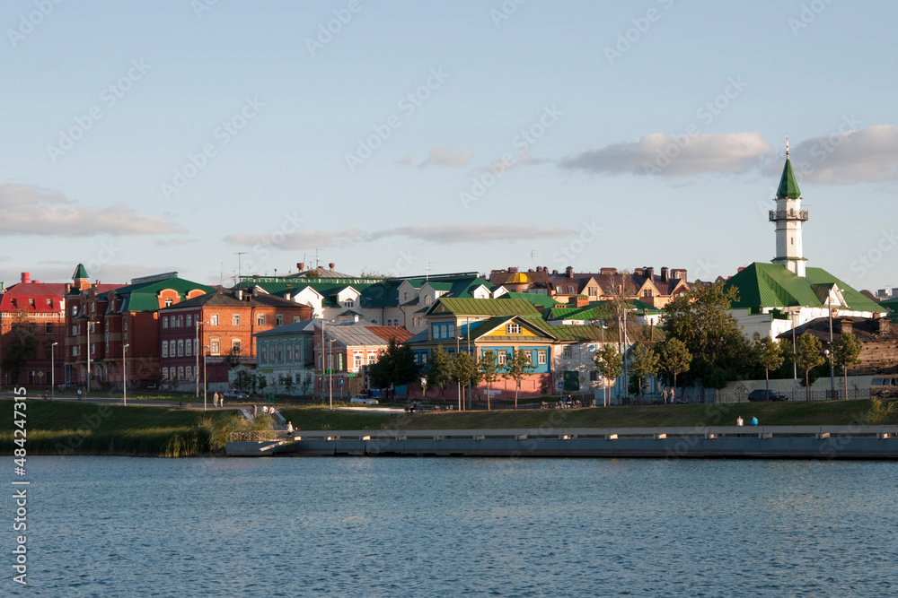 Panoramic view of Kazan from the opposite side of the river. Light just before sunset. Russia.