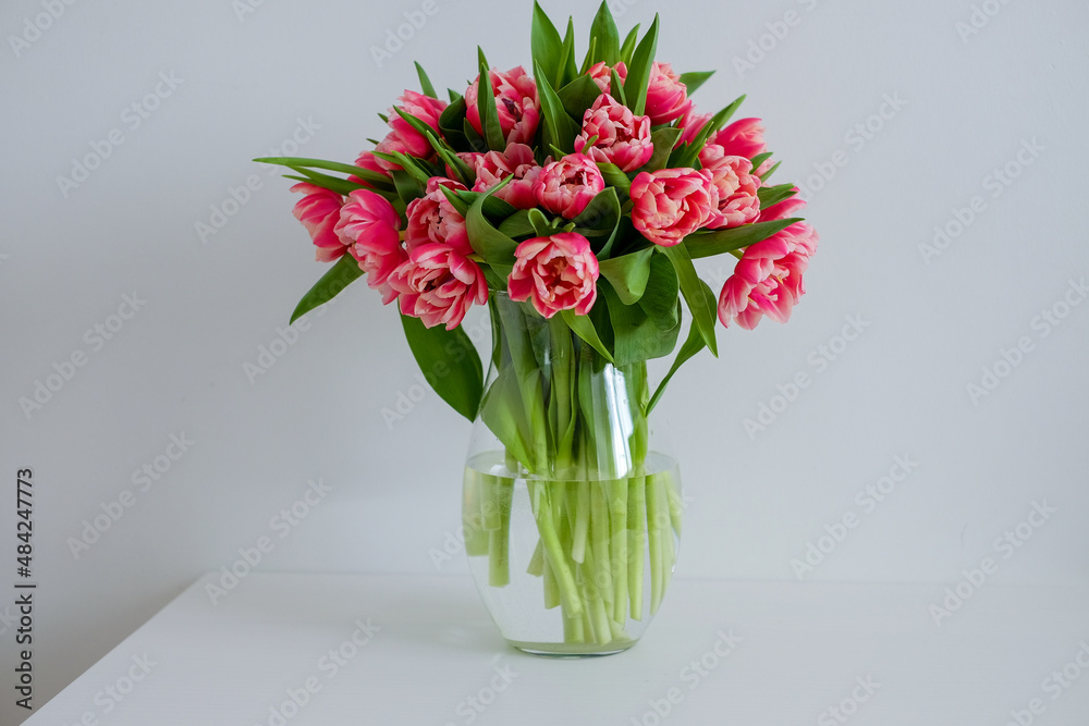 a bunch of pink tulips on the white table