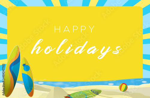 'Happy Holidays' card with beach, surfboard and ball.