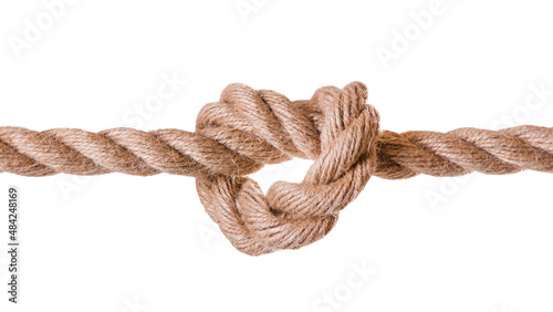 Strong wide beige light texture rope with node, junction isolated on a white background.