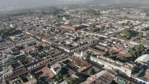 aerial shot of Santa Catalina Arch in Antigua Guatemala - drone shot Antigua Guatemala colonial city in Central America photo