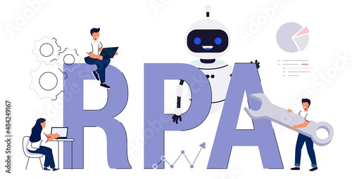 RPA Robotic process automation innovation technology Artificial intelligence web banner layout Business industry, bot, algorithm, coding, analyze, automate, check and loop Vector illustration concept