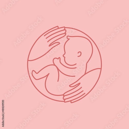Line logotype with baby and caring hands. Stylish logo for a prenatal or reproductive clinic, pregnancy brochure, surrogacy agency. 