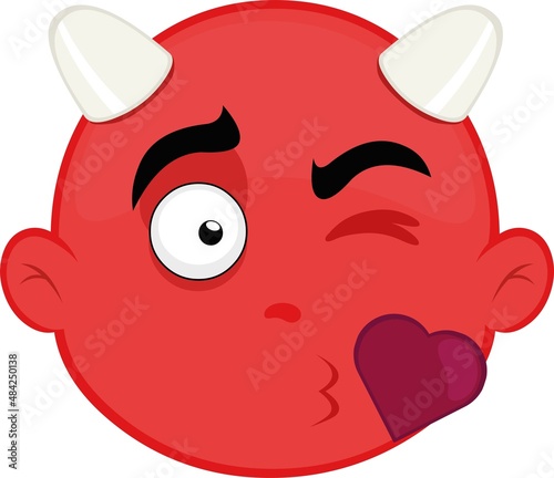 Vector illustration of the face of a little devil giving a heart-shaped kiss