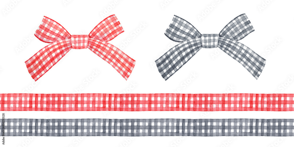 Fototapeta premium Watercolour illustration collection of seamless repeatable gingham ribbons and gift bows in red and black colors. Hand painted graphic drawing, isolated objects for print, card, banner, invitation.