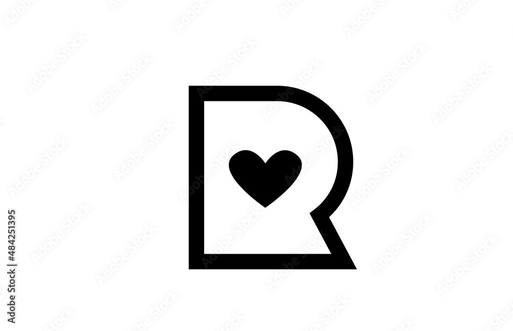R love heart alphabet letter icon logo with black and white color and line. Creative design for company or business R love heart alphabet letter icon logo with black and white color and line. Creative design for company or business
