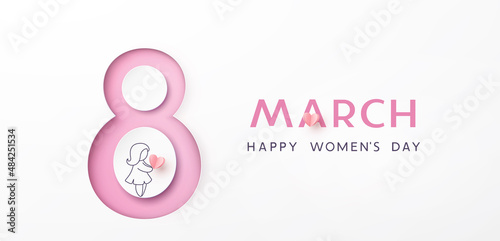 Women's Day greeting card or banner with pink 3D papercut number and drawing girl. Vector 8 March international holiday poster template