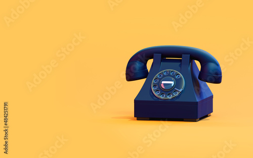 Black retro phone on a yellow background. 3d illustration