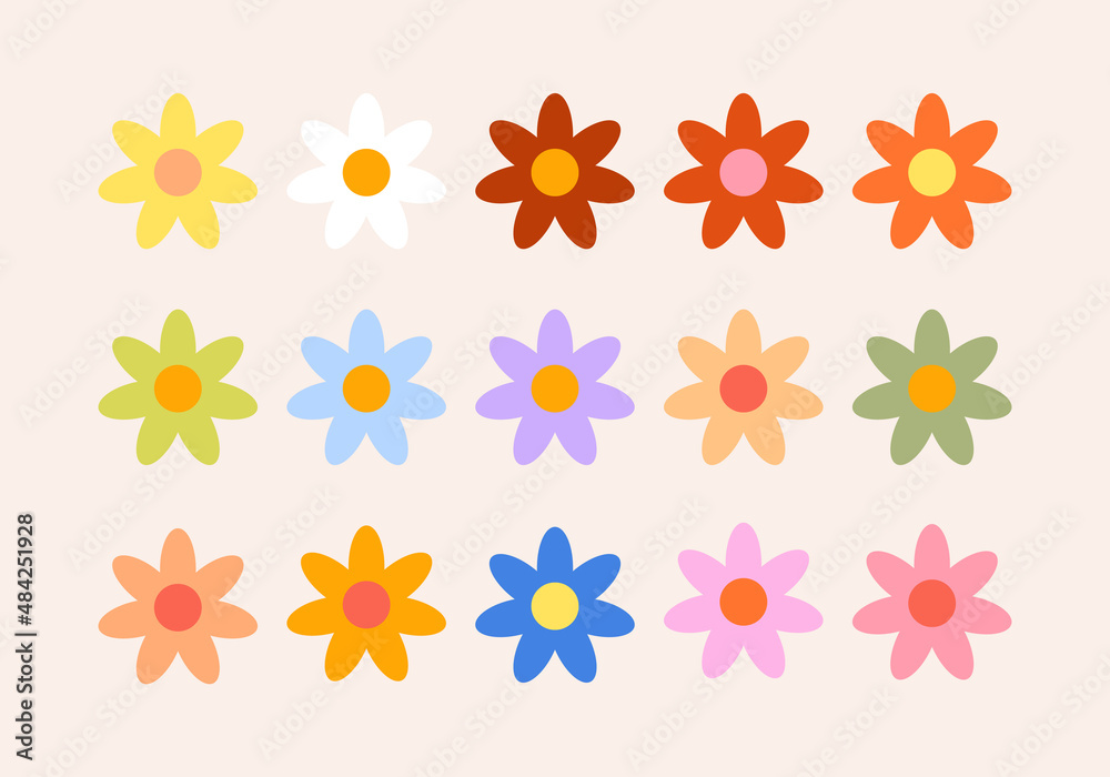 Colorful set of retro flowers in a hippie style Colorful set of retro flowers in a hippie style
