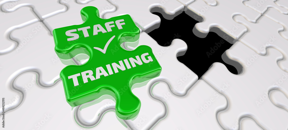 Staff training. The inscription on the missing element of the puzzle. Folded white puzzles elements and one green with text STAFF TRAINING. 3D illustration Staff training. The inscription on the missing element of the puzzle. Folded white puzzles elements and one green with text STAFF TRAINING. 3D illustration
