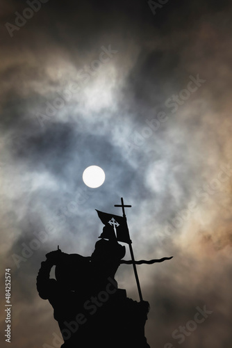 Silhouette of the sculpture of Santiago Matamoros, by José Ferreiro, at the top of the central pediment of the Rajoy Palace. City Hall of Santiago de Compostela photo