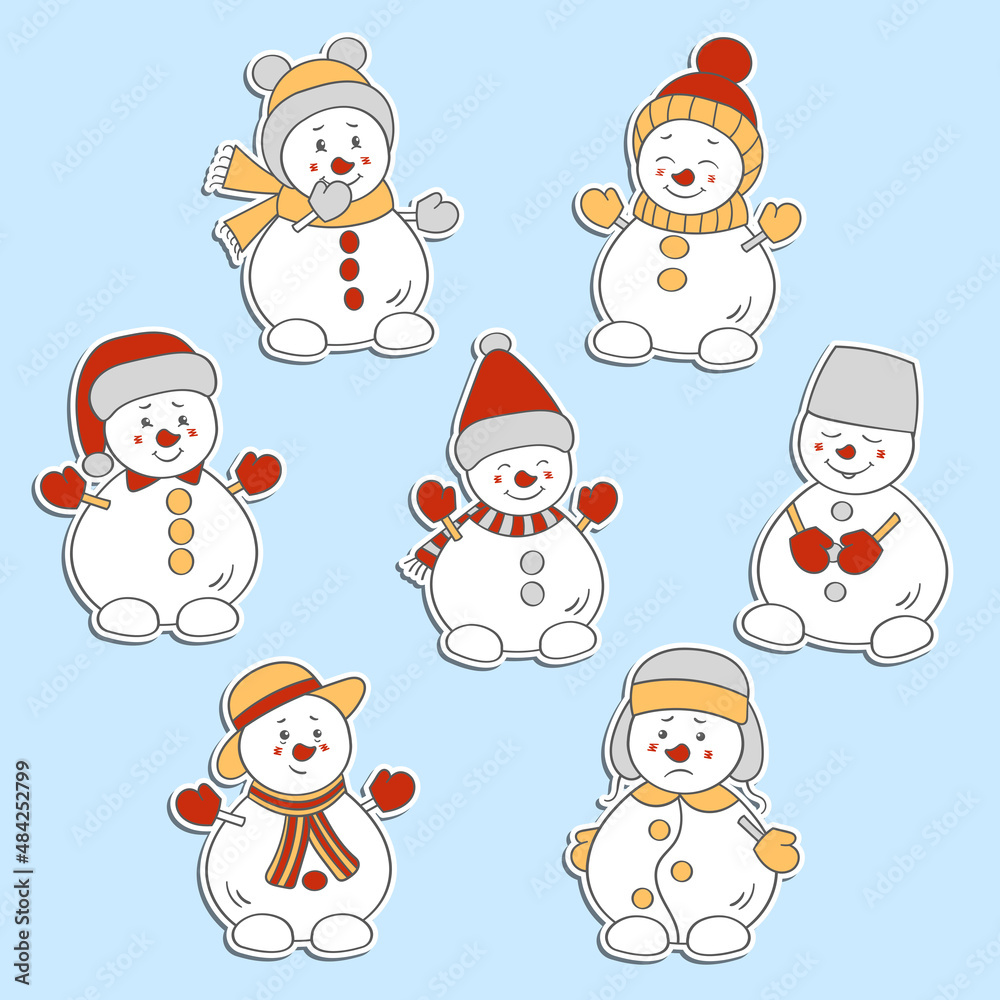 A set of stickers with cute snowmen