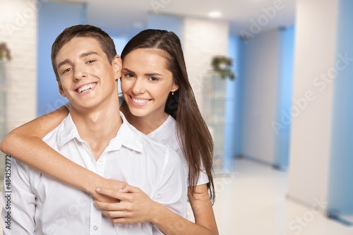 Cheerful positive couple in casual wear. man and woman smiling