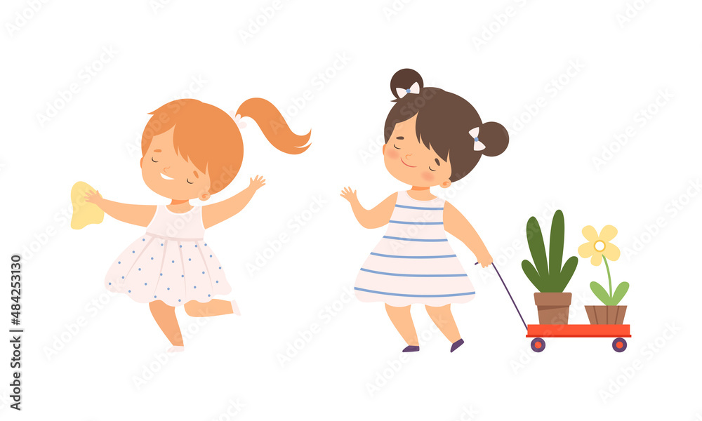 Little Girl Taking Care of Planet and Nature Pulling Trolley with Trees Vector Illustration Set Little Girl Taking Care of Planet and Nature Pulling Trolley with Trees Vector Illustration Set