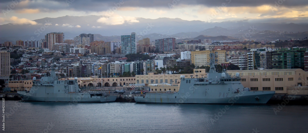 war ships in the city port 