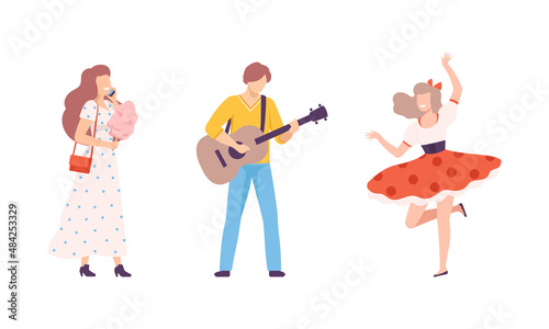 People Walking in The Park Playing Guitar and Eating Candyfloss Enjoying Leisure Activity Vector Illustration Set