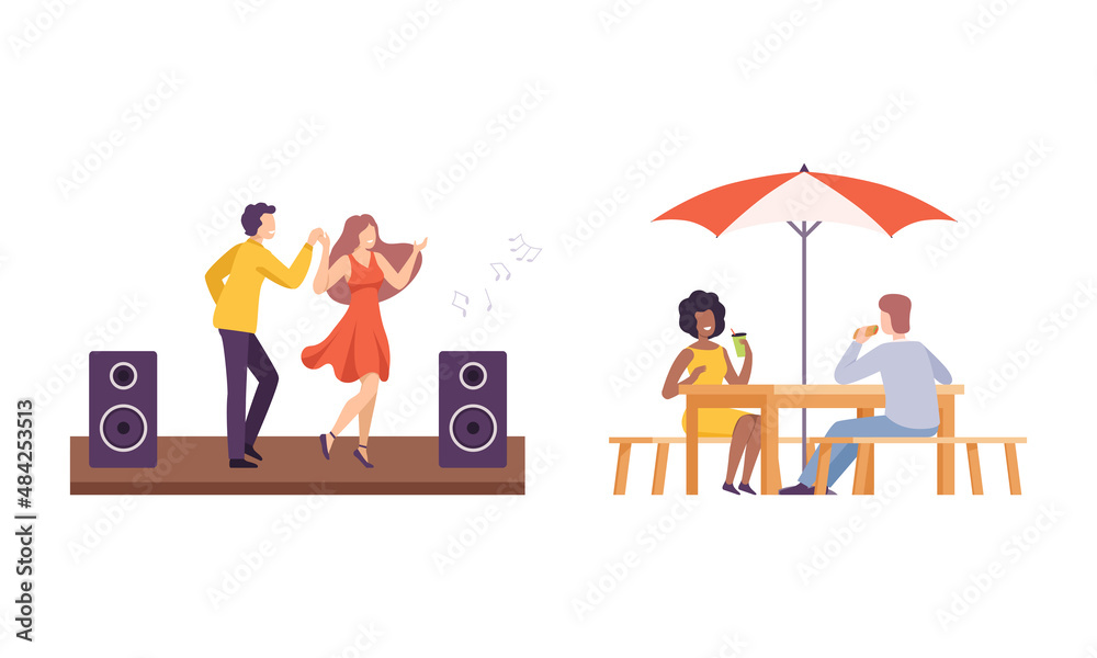 People in the Park Dancing to Music and Sitting at Cafe Eating Enjoying Leisure Activity Vector Illustration Set