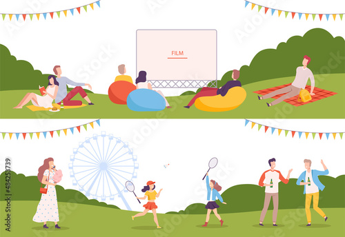 People Walking in the Park Watching Film and Having Picnic Enjoying Leisure Activity Vector Illustration Set