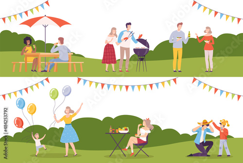 Fototapeta Naklejka Na Ścianę i Meble -  People Having Barbecue in the Park Eating and Talking Enjoying Leisure Activity Vector Illustration Set