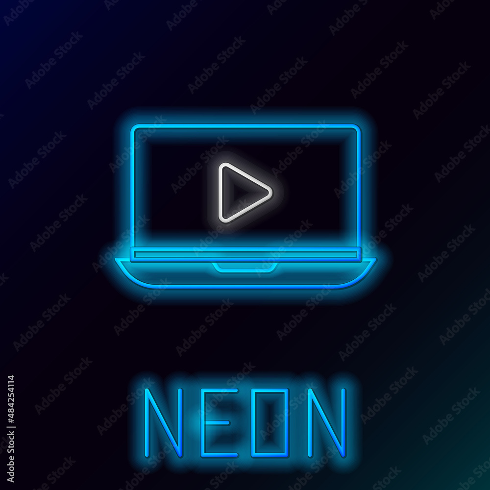 Glowing neon line Online play video icon isolated on black background. Laptop and film strip with play sign. Colorful outline concept. Vector Glowing neon line Online play video icon isolated on black background. Laptop and film strip with play sign. Colorful outline concept. Vector